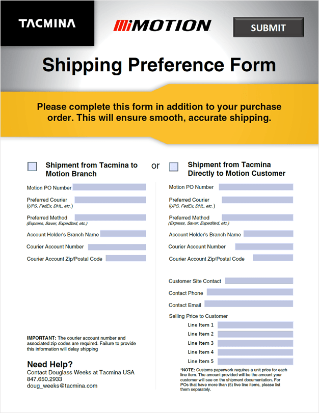 Tacmina Motion Industries Shipping Preference Form Thumbnail Image